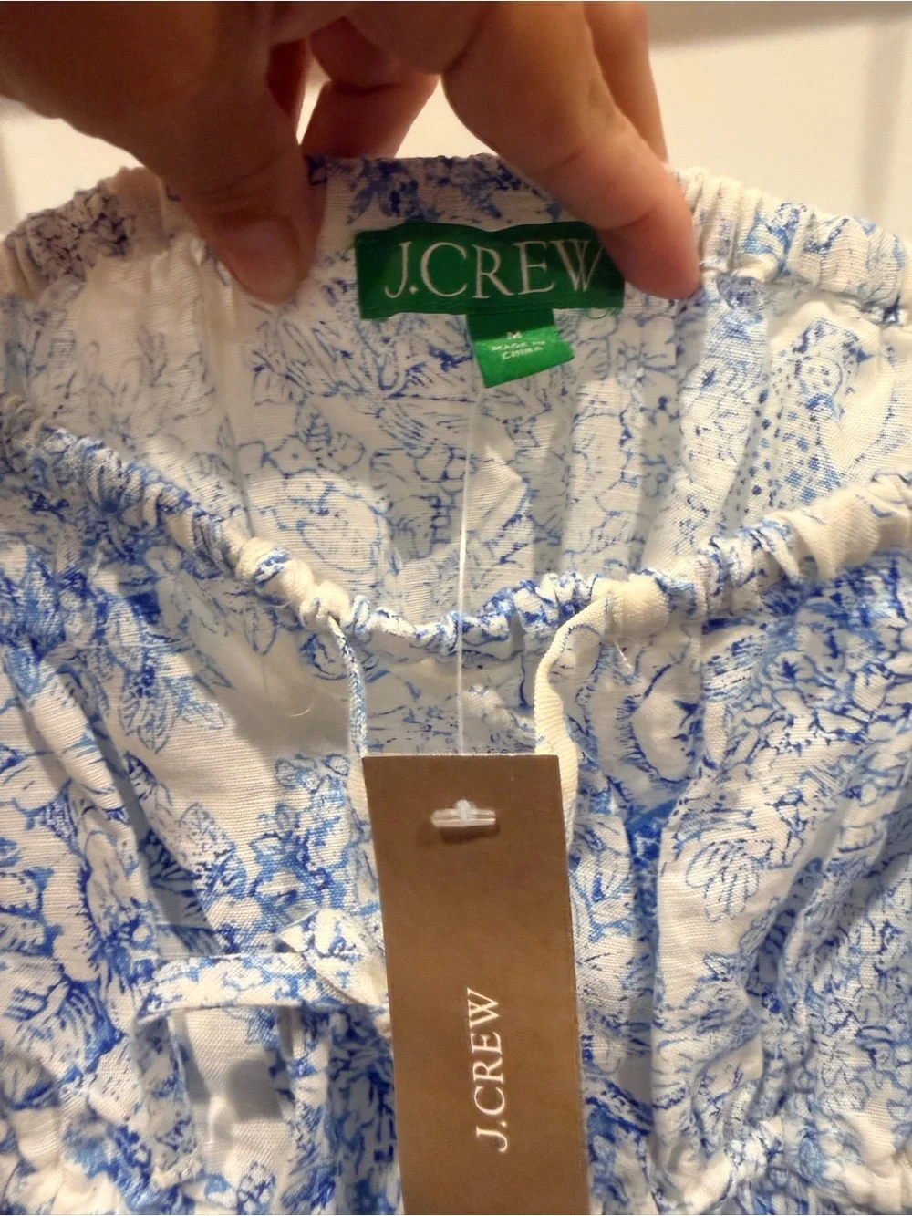 J.Crew Blue & White Toile Print Linen Blend Tie Front Dress XS NWT